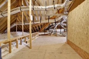 Unfinished attic with wooden framing, insulated ductwork, and blown-in insulation above a plywood walkway.