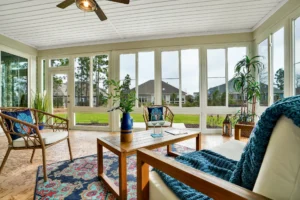 Bright sunroom with natural light, cozy seating, wooden table, and blue accents.