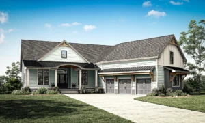 Modern farmhouse exterior with gray siding, dark roof, wood accents, and three-car garage in Wilmington.