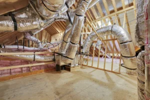 Unfinished attic with new HVAC ductwork, foil insulation, and exposed wood framing for energy efficiency.