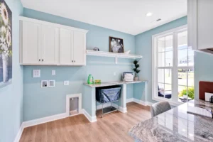 Bright modern laundry room with pastel blue walls, white cabinets, and natural light.