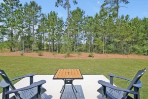 Peaceful patio with Adirondack chairs and table overlooking green lawn and pine forest.
