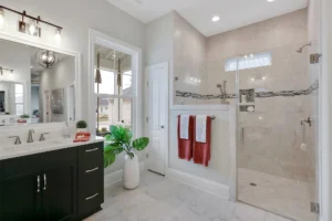 Bright modern bathroom with walk-in glass shower, quartz vanity, red towels, and green plant accents.