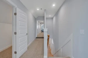 Bright modern hallway with light gray walls, white trim, and beige carpet flooring.