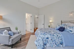 Cozy blue and white bedroom with modern decor, soft lighting, and a relaxing atmosphere.