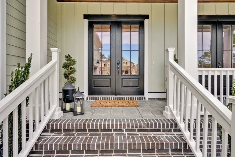 Modern front porch with black double doors, white trim, brick steps, and potted plants.