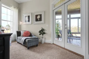 Modern cozy reading nook with gray-blue chaise lounge, coral pillow, and sunlight through French doors.