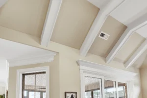Bright modern living room with white exposed beams, beige walls, and abundant natural light.