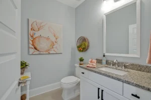 Modern gray and white bathroom with granite vanity, coastal artwork, and greenery accents.