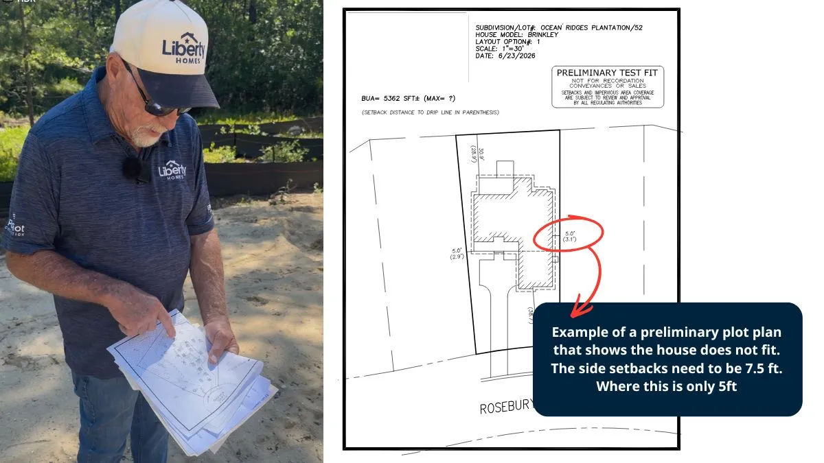 5 Mistakes to Avoid When Buying a Lot Before Choosing a Custom Home Builder 2 Liberty Homes builder pointing at site plans on a building lot. To the right is a preliminary plot plan
