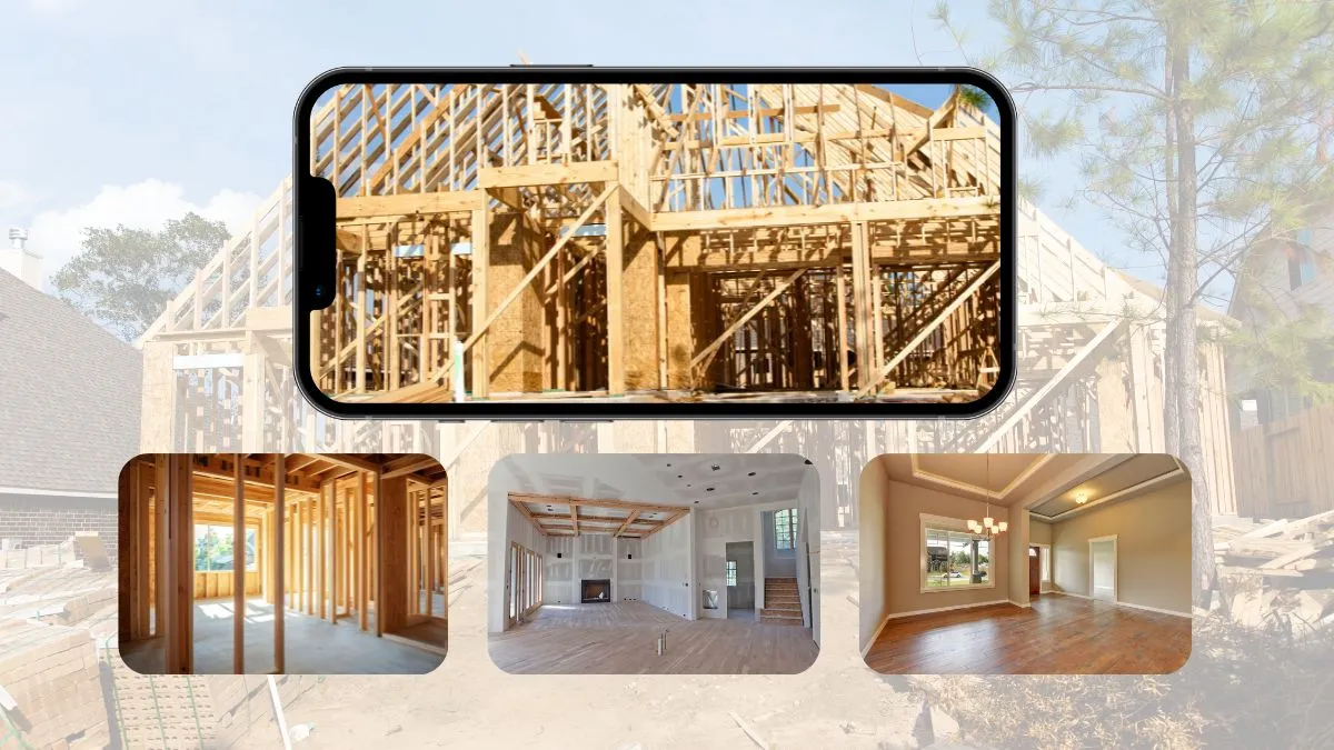 How to Build a Custom Home in Coastal North Carolina When You Live Out of State 1 Phone screen and collage of images showing house under construction