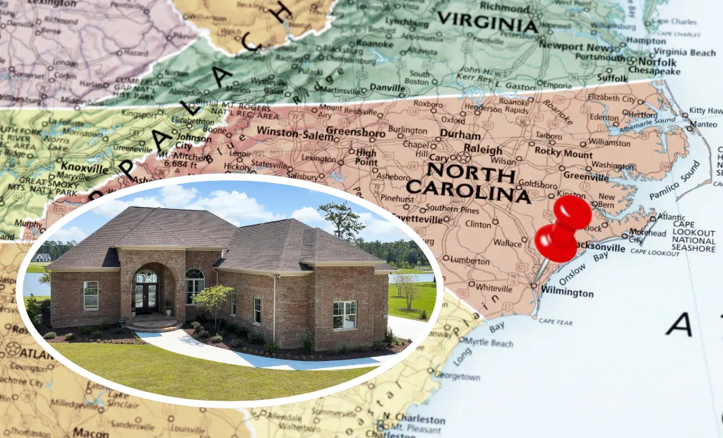 A map of North Carolina with a red pin on Wilmington overlaying a photo of a brick home.