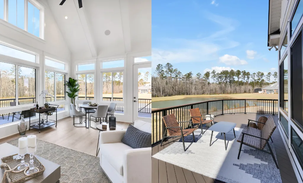 Best Floor Plan Features for a Forever Home 2 Split view of a bright sunroom with tall windows and an outdoor deck with patio furniture overlooking water.